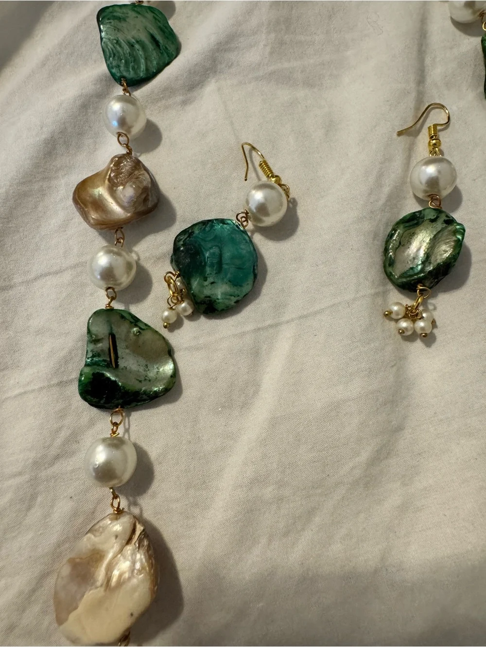 Green and Pearl Shell Statement Necklace & Earrings Set